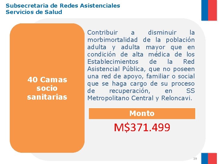 Subsecretaria de Redes Asistenciales Servicios de Salud 40 Camas socio sanitarias Contribuir a disminuir