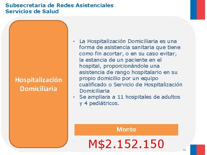 Subsecretaria de Redes Asistenciales Servicios de Salud Hospitalización Domiciliaria • La Hospitalización Domiciliaria es
