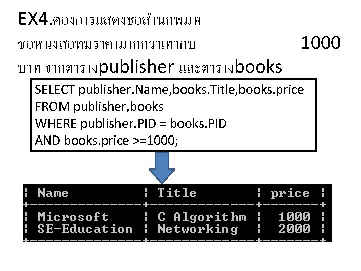 EX 4. ตองการแสดงชอสำนกพมพ ชอหนงสอทมราคามากกวาเทากบ 1000 บาท จากตารางpublisher และตารางbooks SELECT publisher. Name, books. Title, books.