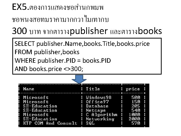 EX 5. ตองการแสดงชอสำนกพมพ ชอหนงสอทมราคามากกวาไมเทากบ 300 บาท จากตารางpublisher และตารางbooks SELECT publisher. Name, books. Title, books.