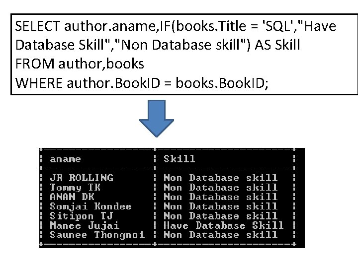 SELECT author. aname, IF(books. Title = 'SQL', "Have Database Skill", "Non Database skill") AS