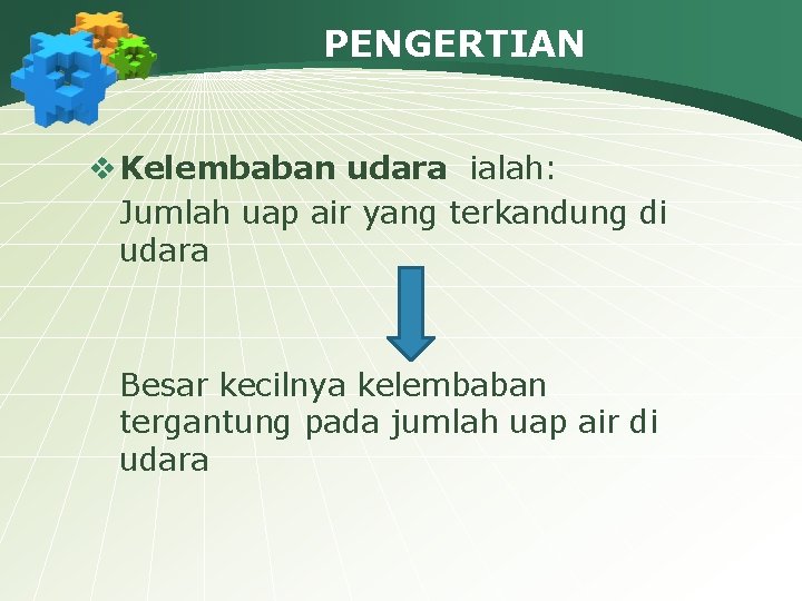 PENGERTIAN v Kelembaban udara ialah: Jumlah uap air yang terkandung di udara Besar kecilnya