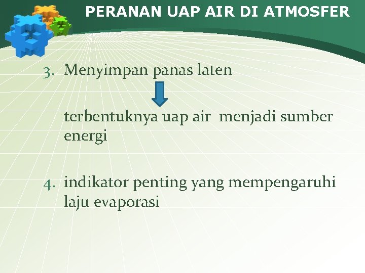 PERANAN UAP AIR DI ATMOSFER 3. Menyimpan panas laten terbentuknya uap air menjadi sumber