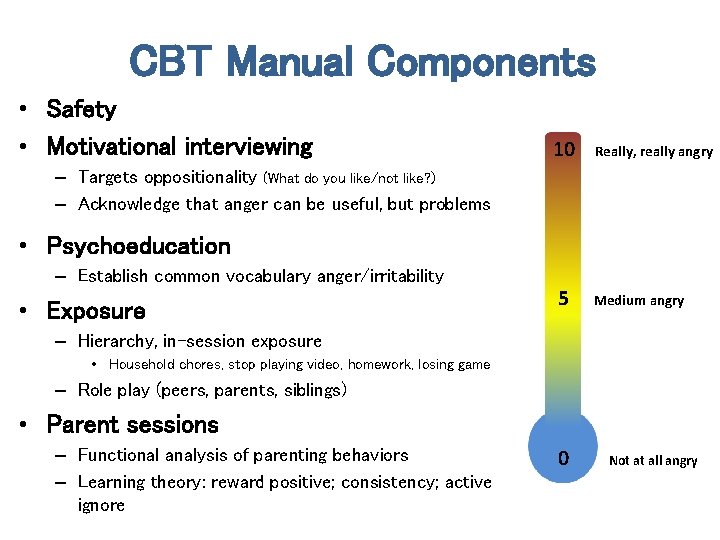 CBT Manual Components • Safety • Motivational interviewing 10 Really, really angry – Targets