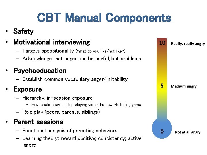 CBT Manual Components • Safety • Motivational interviewing 10 Really, really angry – Targets