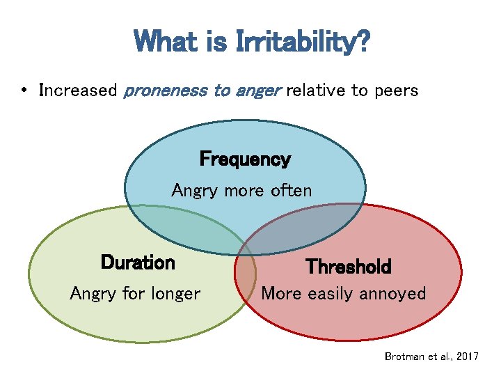 What is Irritability? • Increased proneness to anger relative to peers Frequency Angry more