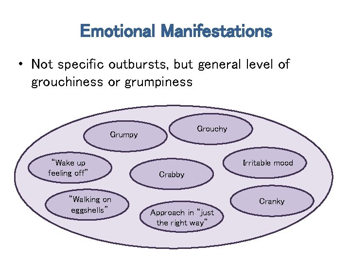 Emotional Manifestations • Not specific outbursts, but general level of grouchiness or grumpiness Grouchy