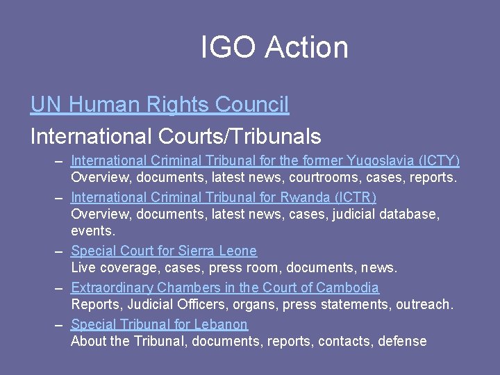 IGO Action UN Human Rights Council International Courts/Tribunals – International Criminal Tribunal for the