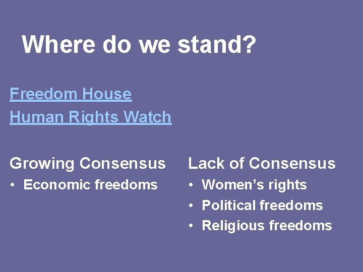 Where do we stand? Freedom House Human Rights Watch Growing Consensus Lack of Consensus