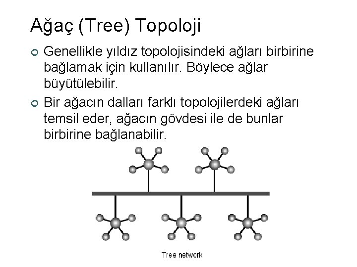 Ağaç (Tree) Topoloji ¢ ¢ Genellikle yıldız topolojisindeki ağları birbirine bağlamak için kullanılır. Böylece