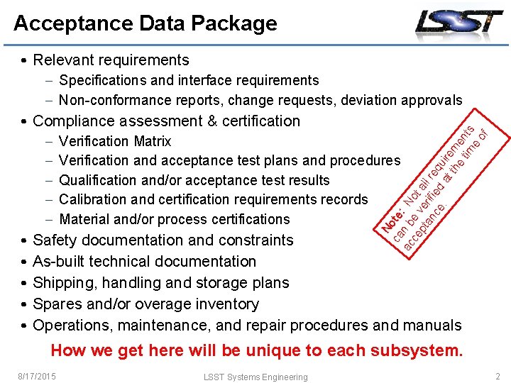 Acceptance Data Package • Relevant requirements • Compliance assessment & certification No ca te: