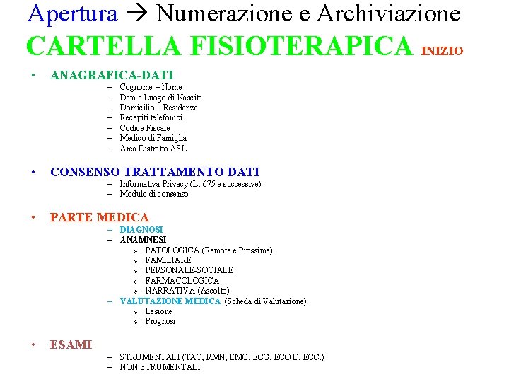 Apertura Numerazione e Archiviazione CARTELLA FISIOTERAPICA INIZIO • ANAGRAFICA-DATI – – – – •