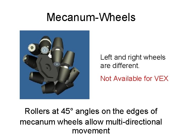 Mecanum-Wheels Left and right wheels are different. Not Available for VEX Rollers at 45°