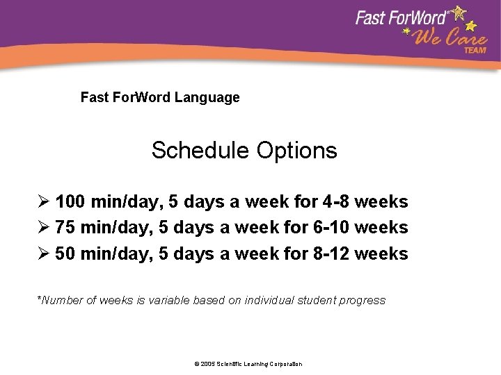 Fast For. Word Language Schedule Options Ø 100 min/day, 5 days a week for