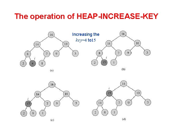 The operation of HEAP-INCREASE-KEY Increasing the key=4 to 15 