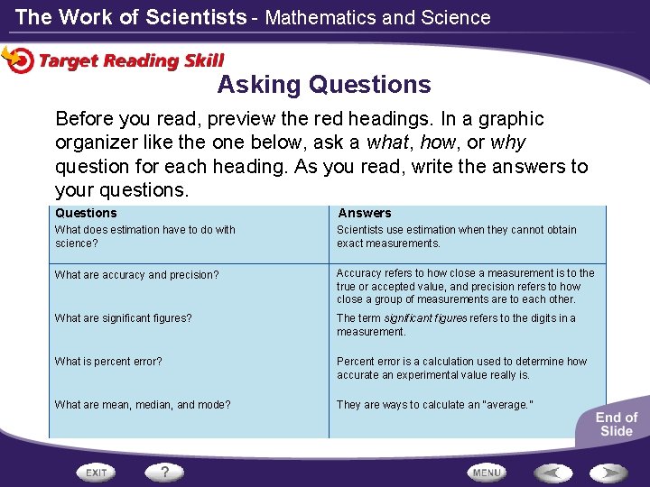 The Work of Scientists - Mathematics and Science Asking Questions Before you read, preview