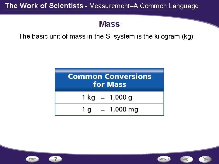 The Work of Scientists - Measurement–A Common Language Mass The basic unit of mass
