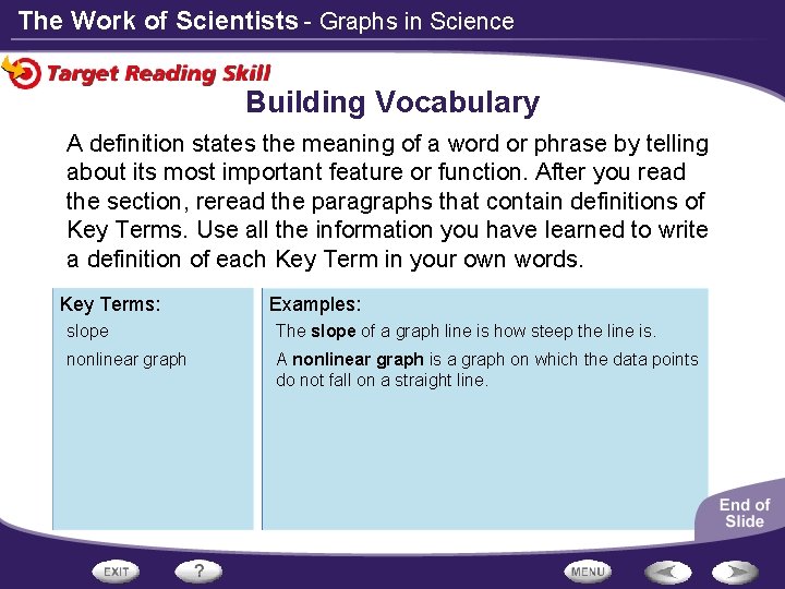 The Work of Scientists - Graphs in Science Building Vocabulary A definition states the