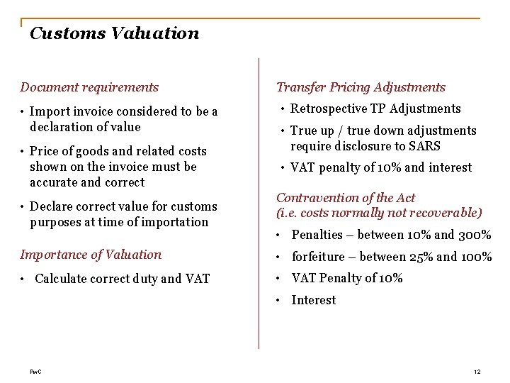 Customs Valuation Document requirements • Import invoice considered to be a declaration of value