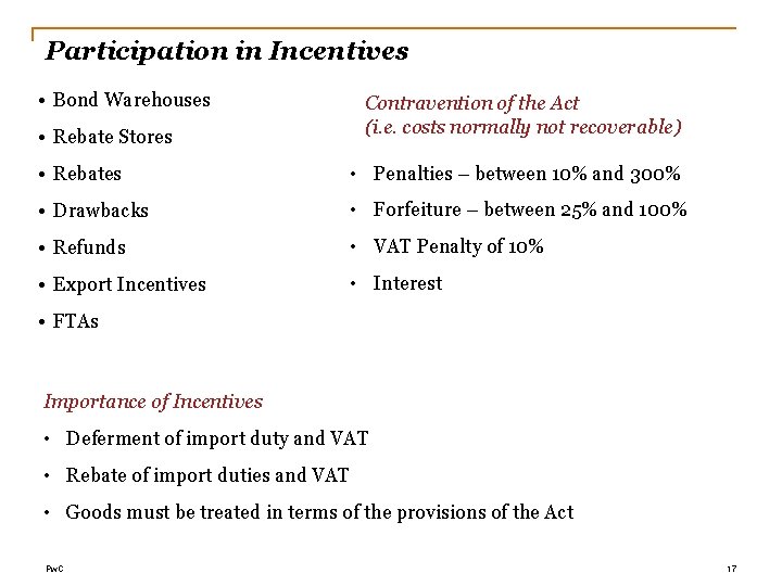 Participation in Incentives • Bond Warehouses Contravention of the Act (i. e. costs normally