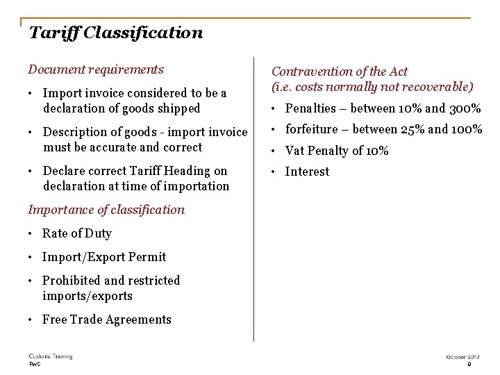 Tariff Classification Document requirements • Import invoice considered to be a declaration of goods