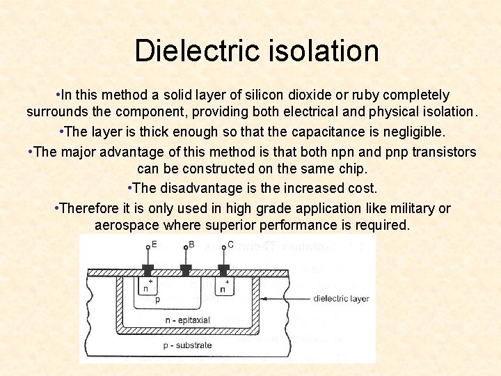Dielectric isolation • In this method a solid layer of silicon dioxide or ruby