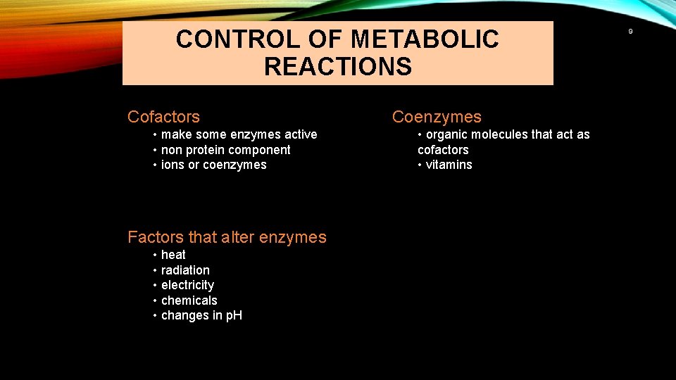 CONTROL OF METABOLIC REACTIONS Cofactors • make some enzymes active • non protein component