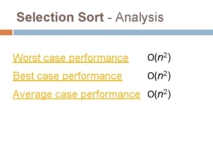 Selection Sort - Analysis Worst case performance О(n 2) Best case performance О(n 2)