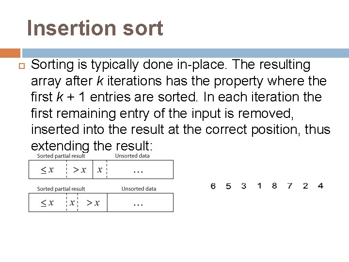 Insertion sort Sorting is typically done in-place. The resulting array after k iterations has