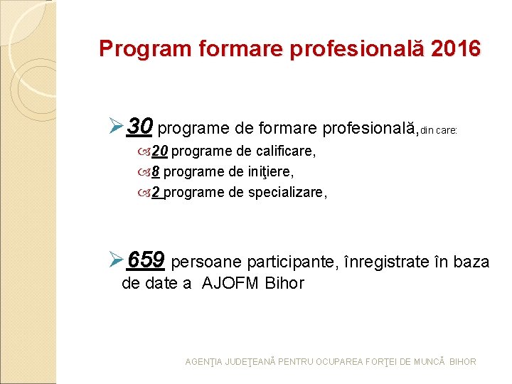 Program formare profesională 2016 Ø 30 programe de formare profesională, din care: 20 programe Program formare profesională 2016 Ø 30 programe de formare profesională, din care: 20 programe