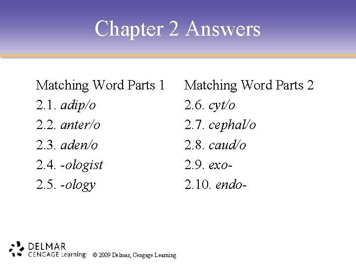 Chapter 2 Answers Matching Word Parts 1 2. 1. adip/o 2. 2. anter/o 2.