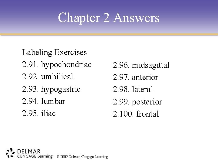 Chapter 2 Answers Labeling Exercises 2. 91. hypochondriac 2. 92. umbilical 2. 93. hypogastric
