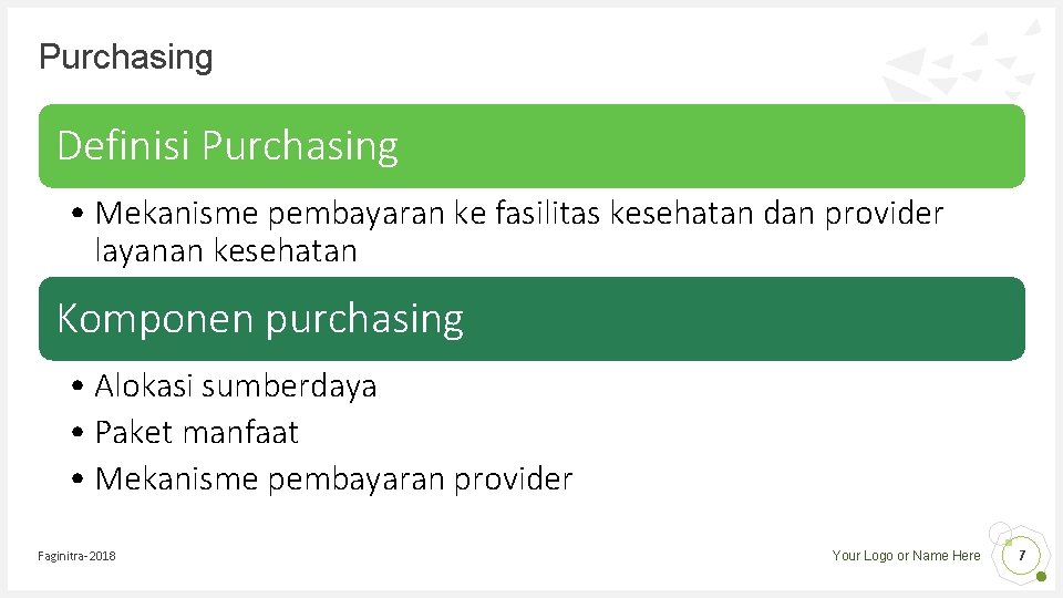 Purchasing Definisi Purchasing • Mekanisme pembayaran ke fasilitas kesehatan dan provider layanan kesehatan Komponen