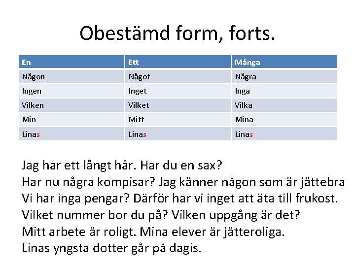Obestämd form, forts. En Ett Många Någon Något Några Ingen Inget Inga Vilken Vilket