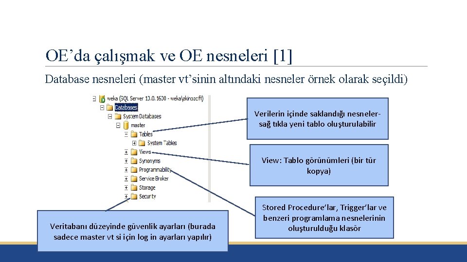 OE’da çalışmak ve OE nesneleri [1] Database nesneleri (master vt’sinin altındaki nesneler örnek olarak