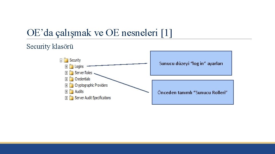 OE’da çalışmak ve OE nesneleri [1] Security klasörü Sunucu düzeyi “log in” ayarları Önceden