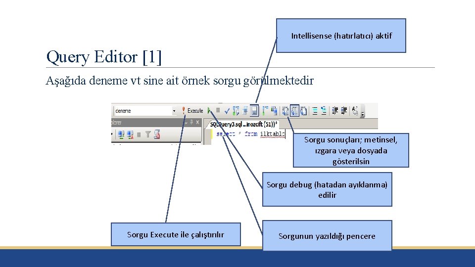 Intellisense (hatırlatıcı) aktif Query Editor [1] Aşağıda deneme vt sine ait örnek sorgu görülmektedir