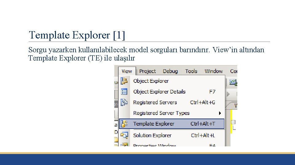 Template Explorer [1] Sorgu yazarken kullanılabilecek model sorguları barındırır. View’in altından Template Explorer (TE)