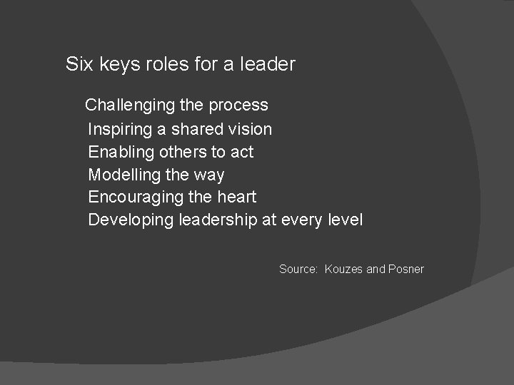 Six keys roles for a leader Challenging the process Inspiring a shared vision Enabling