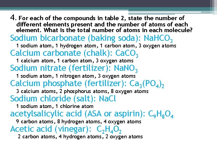 4. For each of the compounds in table 2, state the number of different
