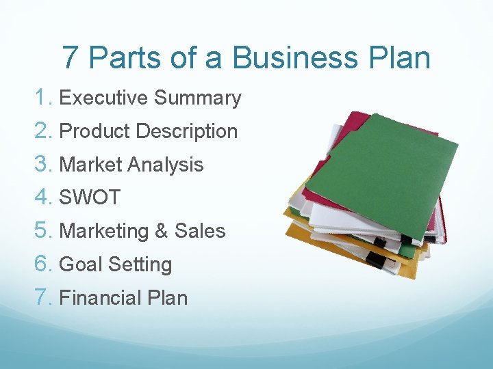 7 Parts of a Business Plan 1. Executive Summary 2. Product Description 3. Market