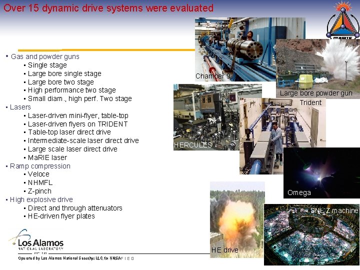 Over 15 dynamic drive systems were evaluated • Gas and powder guns • Single