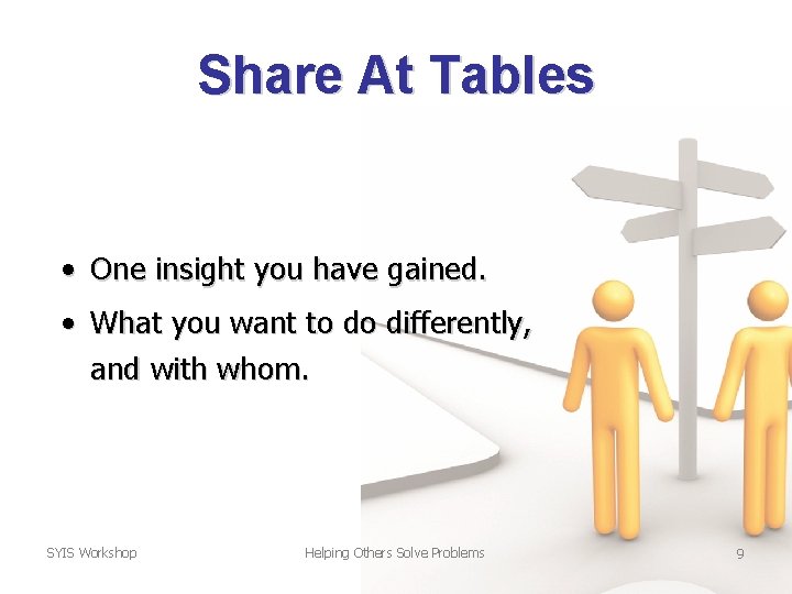 Share At Tables • One insight you have gained. • What you want to