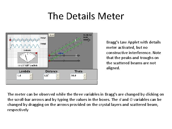 The Details Meter Bragg's Law Applet with details meter activated, but no constructive interference.