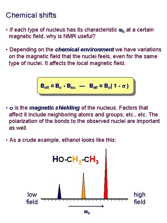 Chemical shifts • If each type of nucleus has its characteristic wo at a