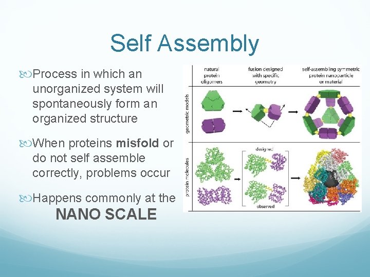 Self Assembly Process in which an unorganized system will spontaneously form an organized structure