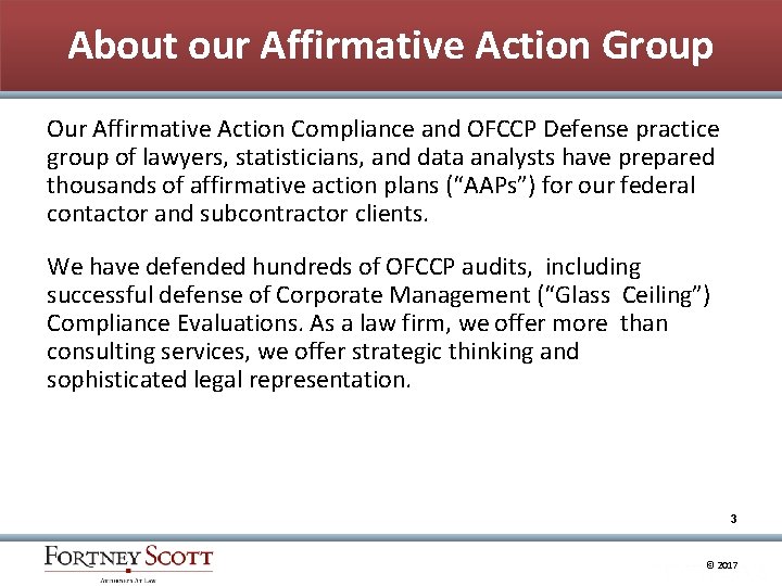 About our Affirmative Action Group Our Affirmative Action Compliance and OFCCP Defense practice group
