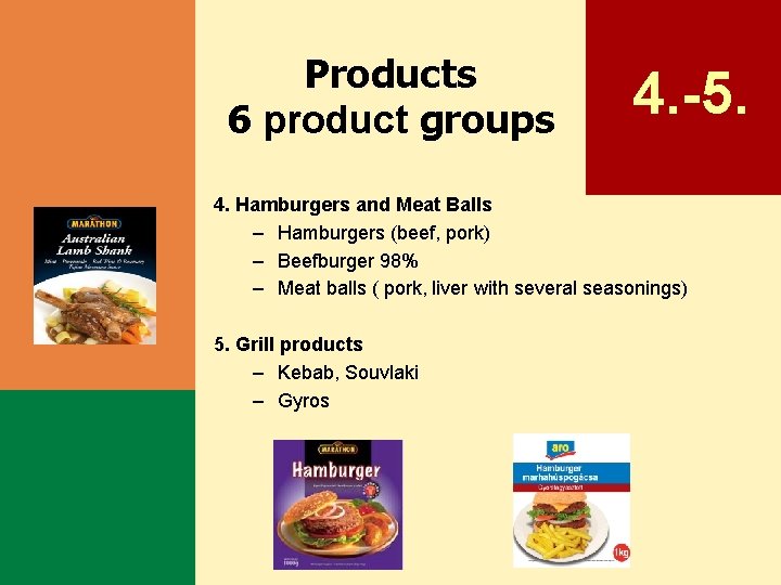 Products 6 product groups 4. -5. 4. Hamburgers and Meat Balls – Hamburgers (beef,