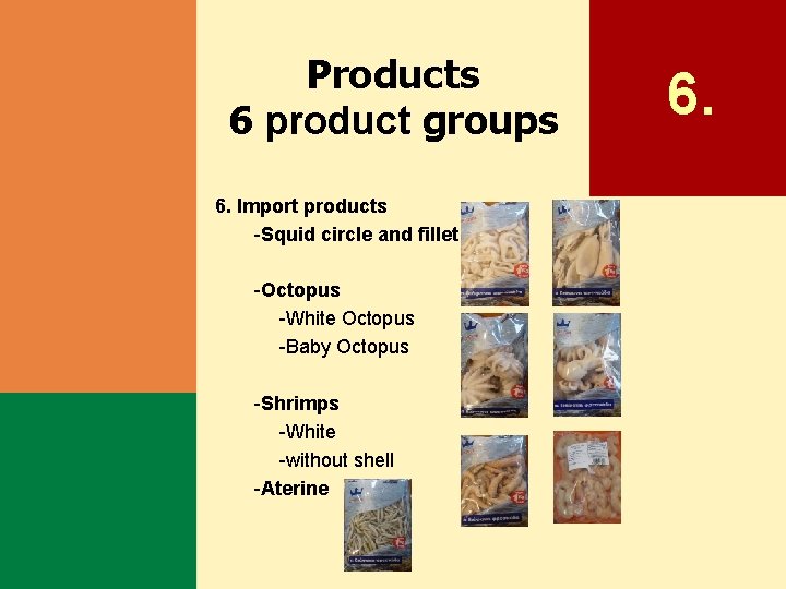 Products 6 product groups 6. Import products -Squid circle and fillet -Octopus -White Octopus