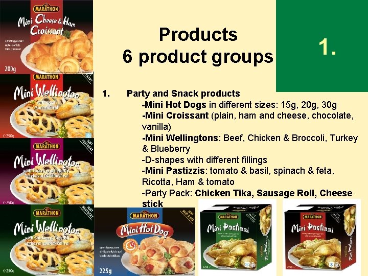 Products 6 product groups 1. Party and Snack products -Mini Hot Dogs in different